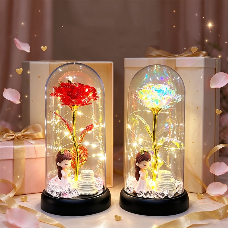 Lampe décorative rose sous cloche, guirlande LED et figurine