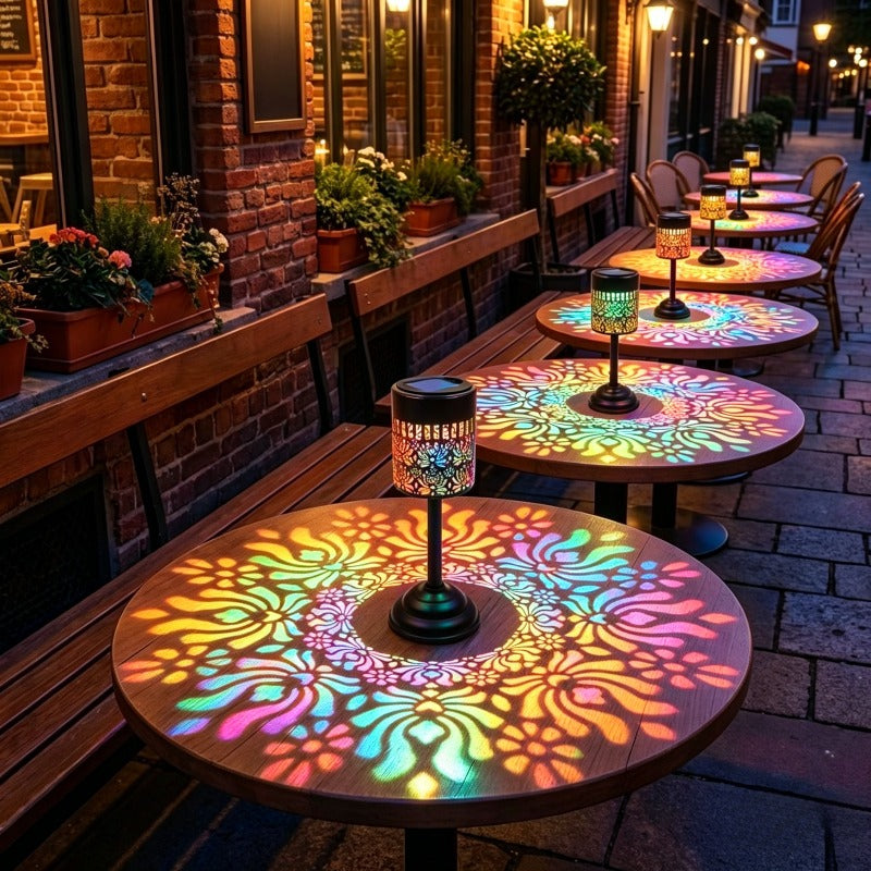 Lampe de table solaire pivoine en métal noir, projection colorée