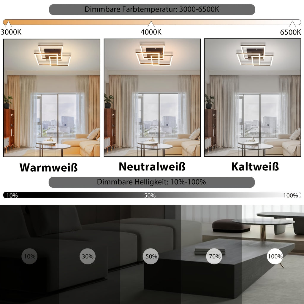 Plafonnier LED trois carrés superposés 40 cm, veilleuse et minuterie