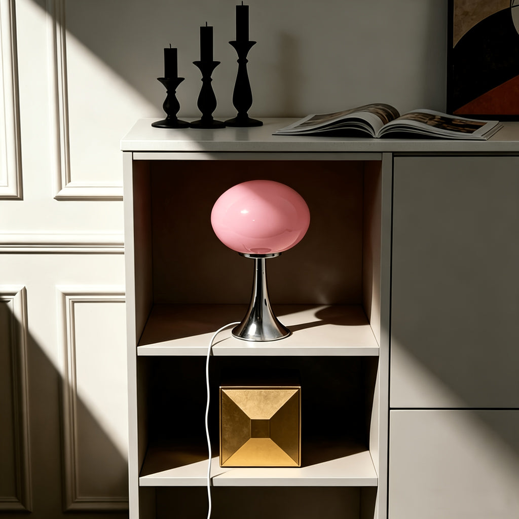 Lampe champignon en verre ovale sur pied chromé, USB, 3 teintes