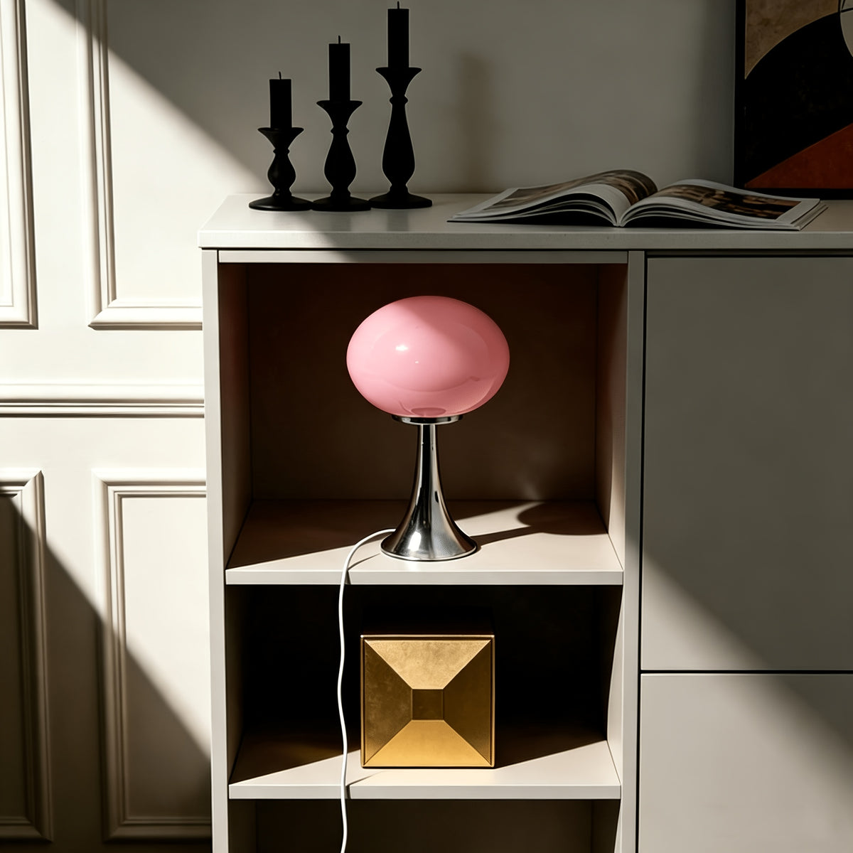 Lampe champignon en verre ovale sur pied chromé, USB, 3 teintes