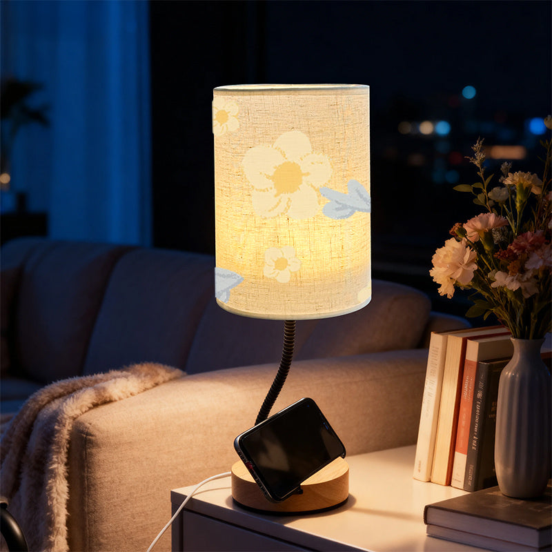 Lampe de chevet à fleurs jaunes, col flexible et socle porte-téléphone