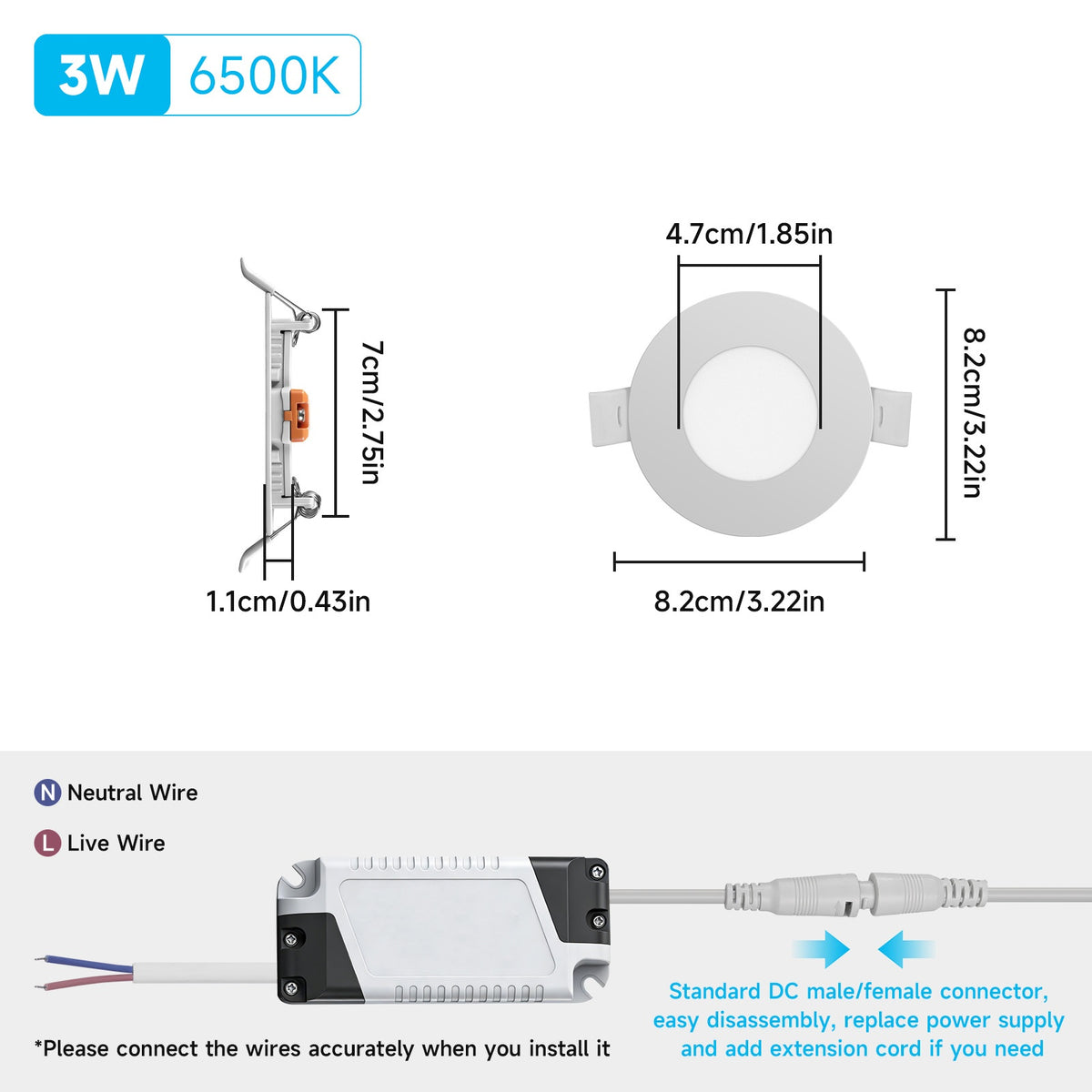 Lot de 20 mini spots LED ronds encastrables 3W, blanc froid 6500K