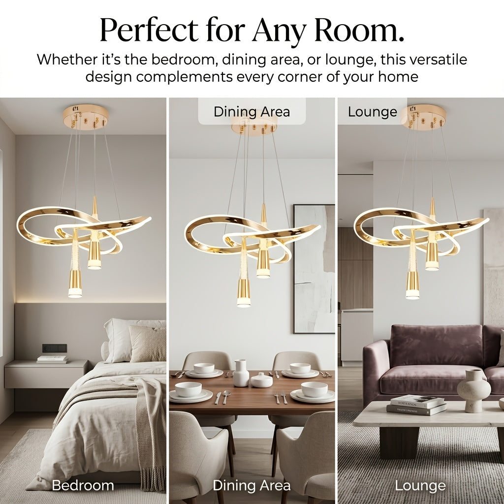 Lustre LED doré à rubans entrelacés et deux cônes, trois teintes