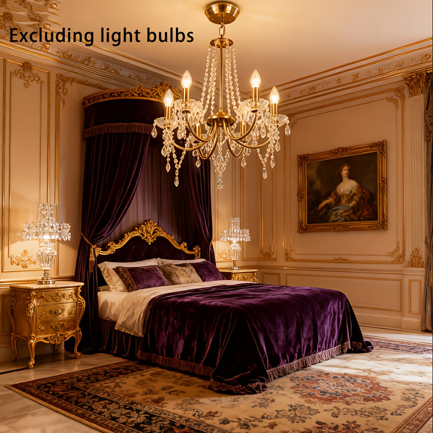 Lustre doré à 6 bougies et guirlandes de cristal, douilles E14