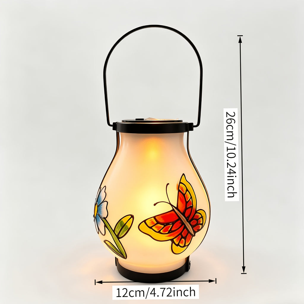 Lanterne solaire en verre dépoli à papillon peint, effet flamme
