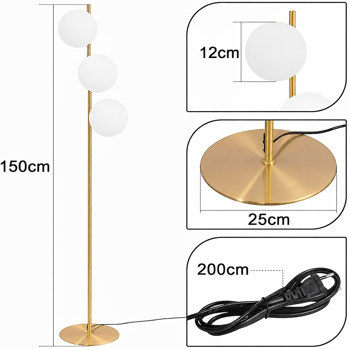 Lampadaire doré à globes en verre givré, version 1 ou 3 globes