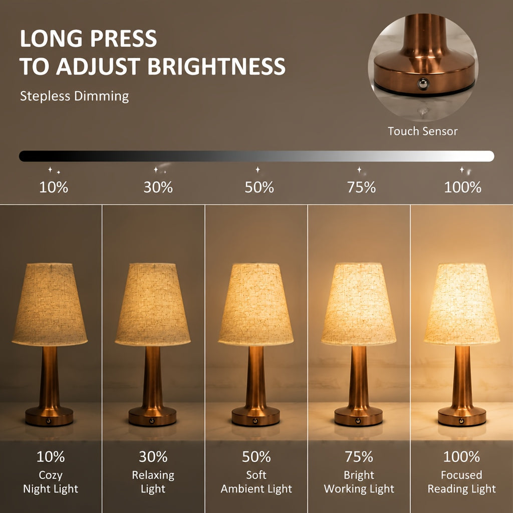 Lampe sans fil à abat-jour en tissu, pied cuivré, argenté ou doré