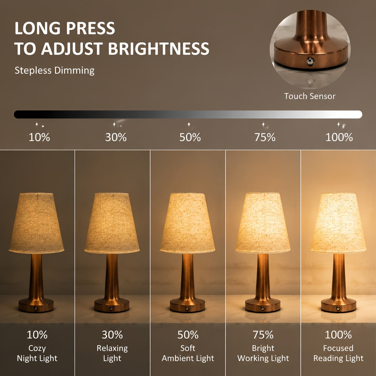 Lampe sans fil à abat-jour en tissu, pied cuivré, argenté ou doré