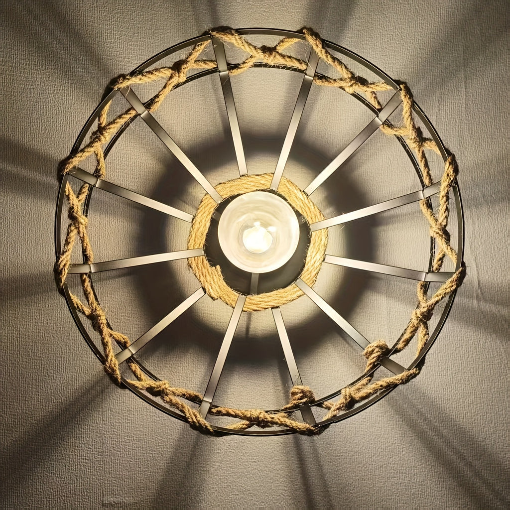 Abat-jour cage vintage en métal noir et corde de chanvre, Ø 30 cm