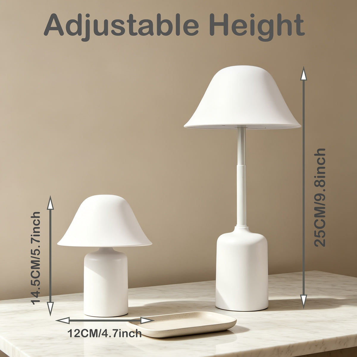 Lampe champignon blanche à hauteur réglable, sans fil et tactile