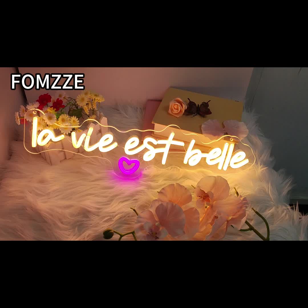Enseigne néon LED « La vie est belle » blanc chaud et cœur rose
