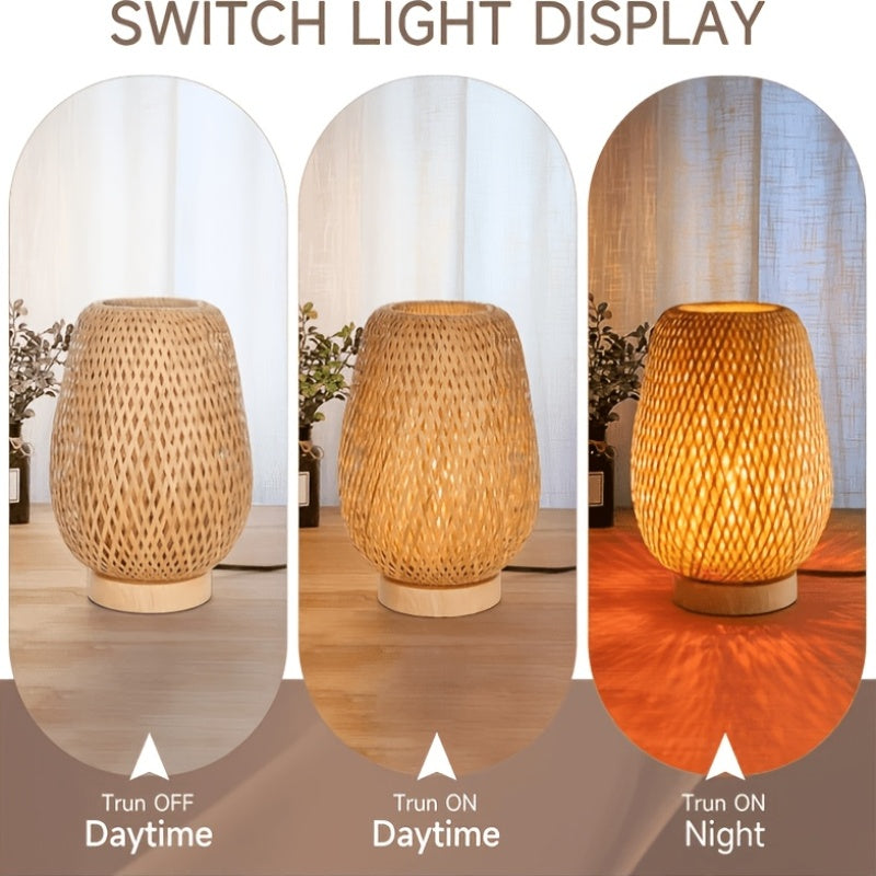 Lampe de chevet en bambou tressé, forme d'œuf sur socle en bois