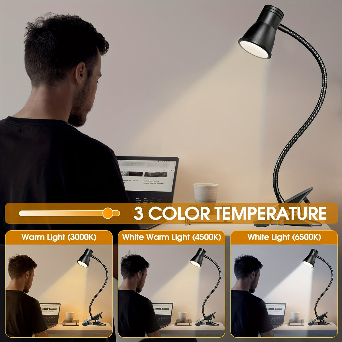 Lampe à pince noire à col de cygne de 40 cm, couture et lecture
