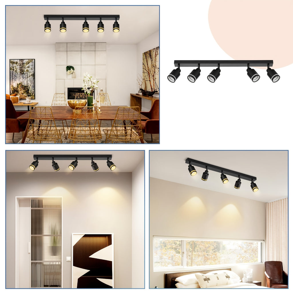 Spot de plafond 5 têtes orientables GU10, barre en métal noir
