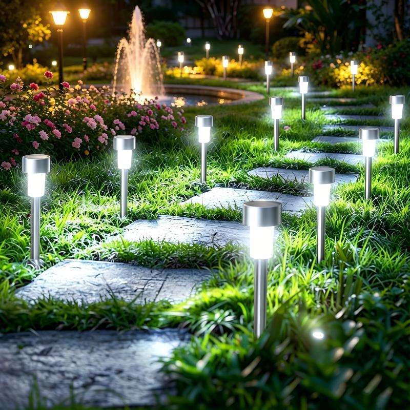 Lot de 12 lampes solaires de jardin à piquet finition inox, 33 cm
