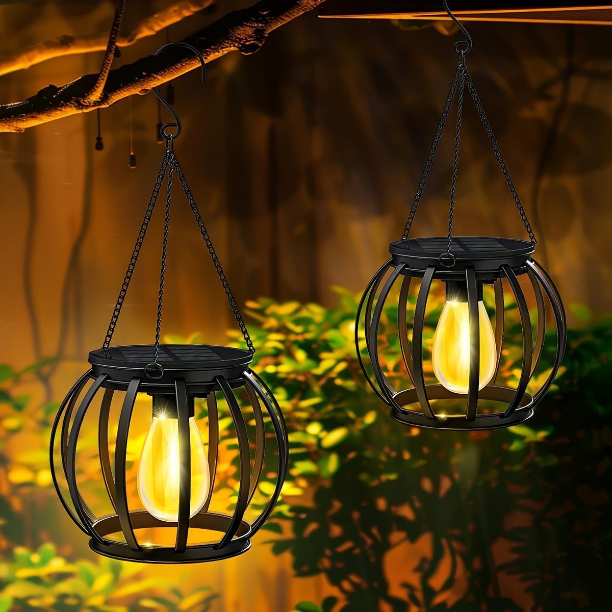 Suspension solaire cage noire à ampoule filament, lot de 2