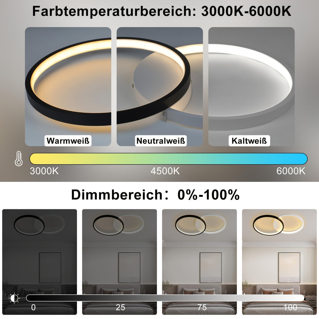 Plafonnier LED double anneau noir et blanc, 50 cm, trois teintes
