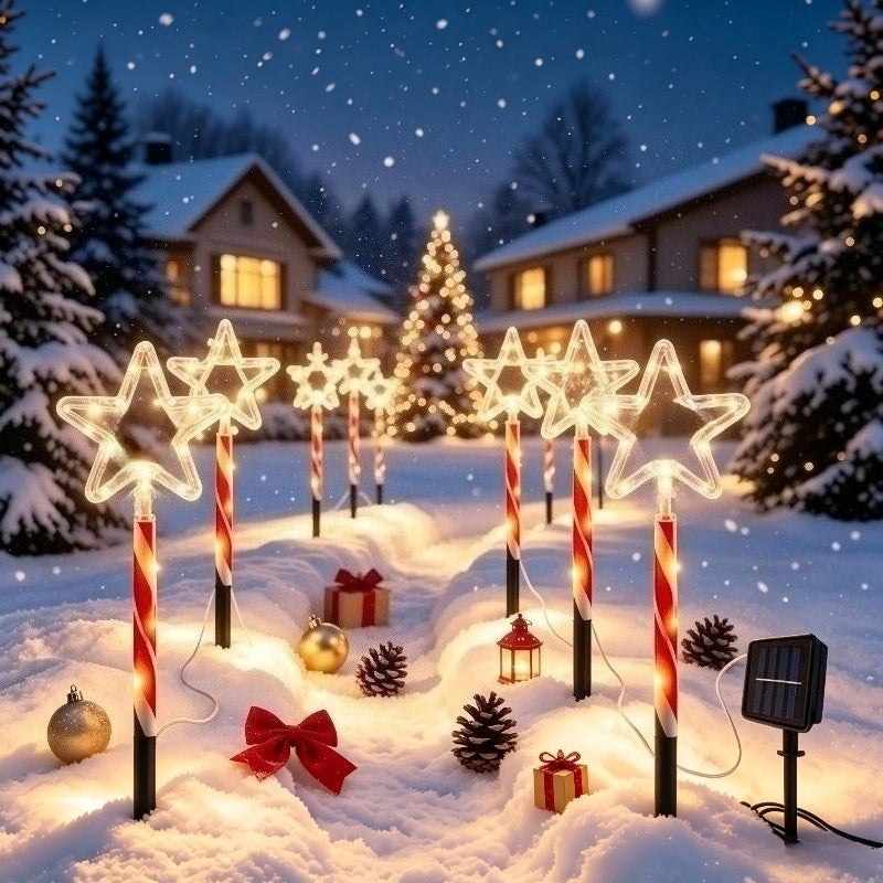 Guirlande solaire de Noël à 5 étoiles sur piquets sucre d'orge