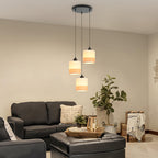 Suspension 3 lumières en tissu blanc à bande beige, rosace ou barre