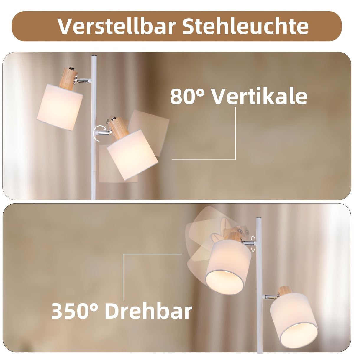 Lampadaire blanc à deux spots en tissu orientables, E14, 145 cm