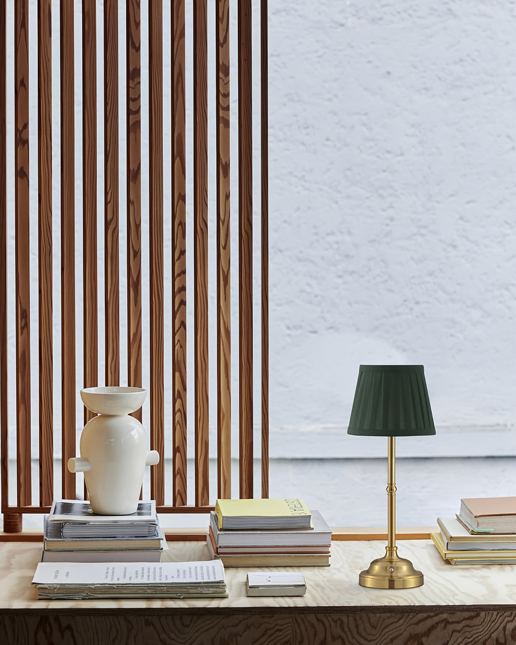 Lampe de table sans fil à abat-jour plissé vert ou crème, 40 cm