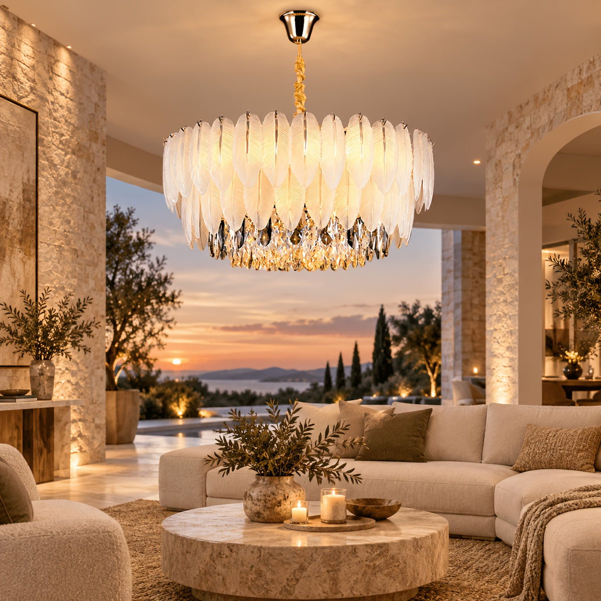 Lustre plume en cristal, couronne blanche et fumée