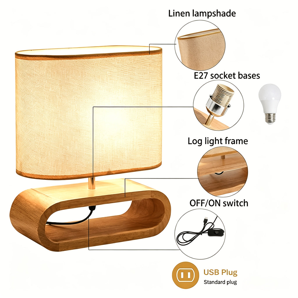 Lampe de chevet socle ovale en bois et abat-jour en lin, USB