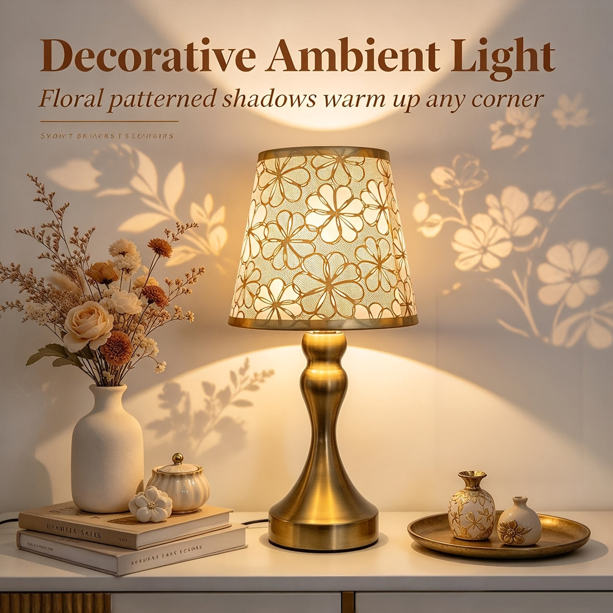 Lampe de chevet dorée à abat-jour fleuri en tissu, alimentation USB