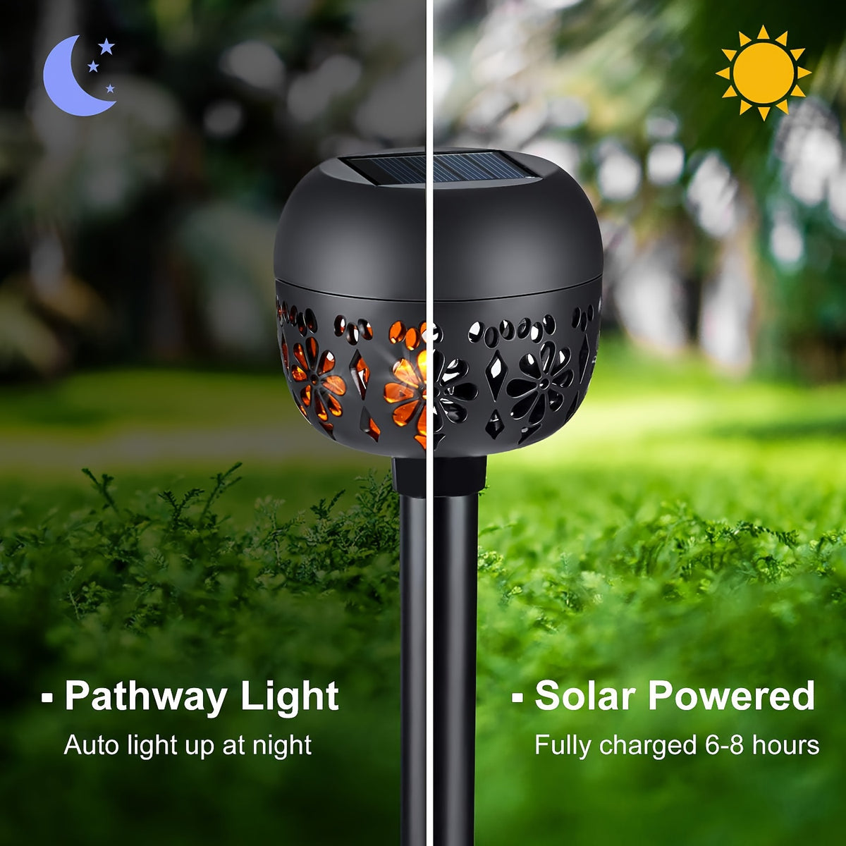 Lampe solaire à projection florale, boule noire ajourée, IP44