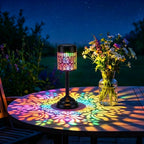 Lampe de table solaire pivoine en métal noir, projection colorée