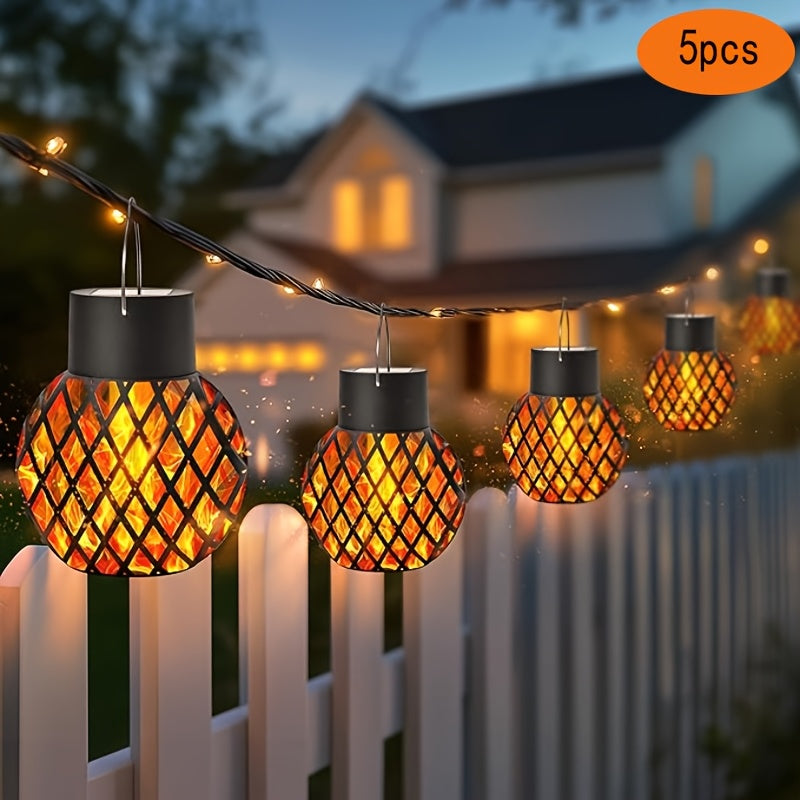 Lot de 5 lanternes solaires boule noire à effet flamme, à anse
