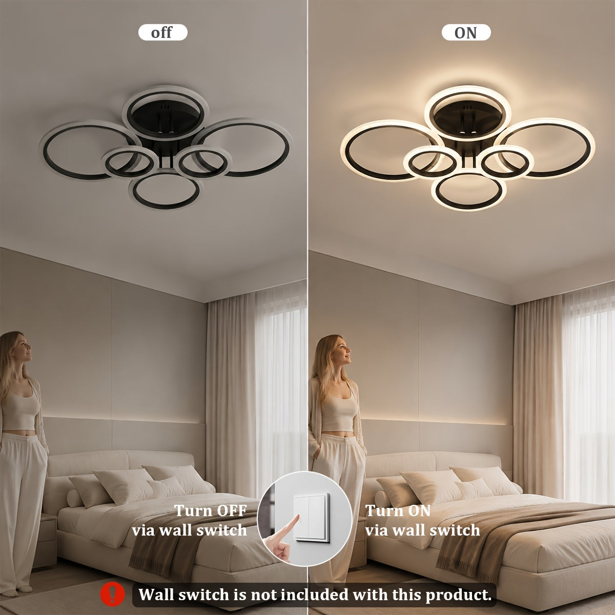Grand plafonnier LED à 6 anneaux, doré ou noir, 79 cm, trois teintes