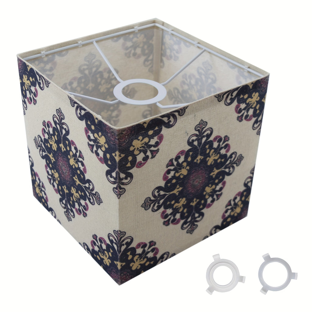 Abat-jour cube en tissu à médaillons bohèmes bleu nuit, 20 cm