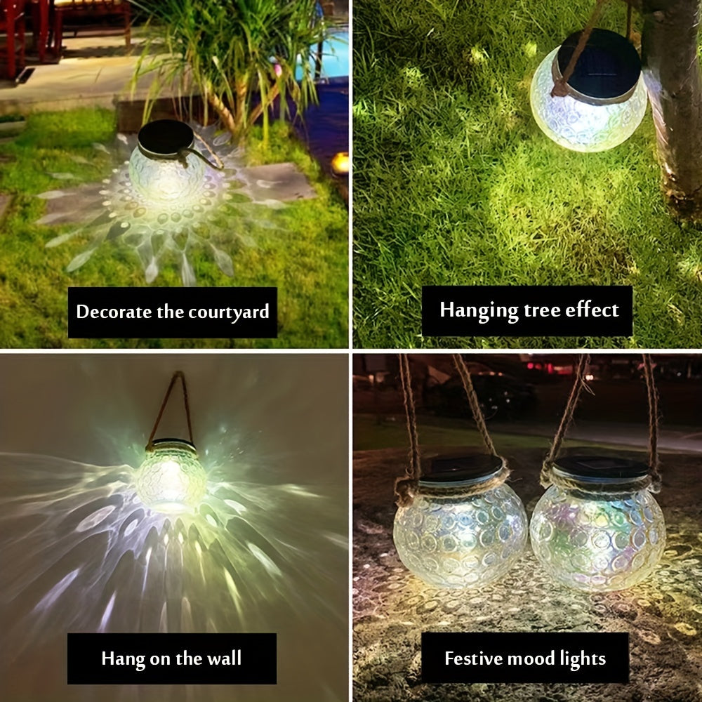 Lot de 2 lanternes solaires bocal en verre irisé, anse en corde