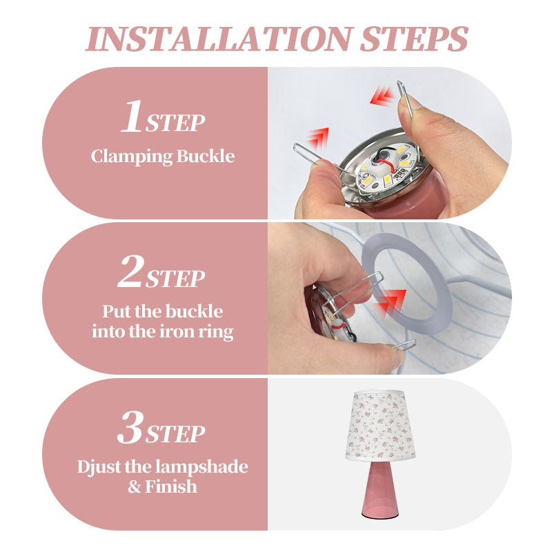 Lampe de chevet rose en lin à roses pastel et nœuds, coffret cadeau