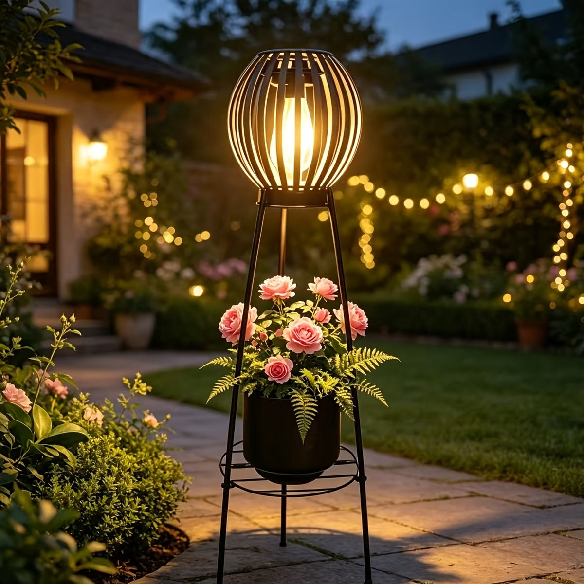 Lampadaire solaire rétro à boule ajourée sur trépied porte-fleurs