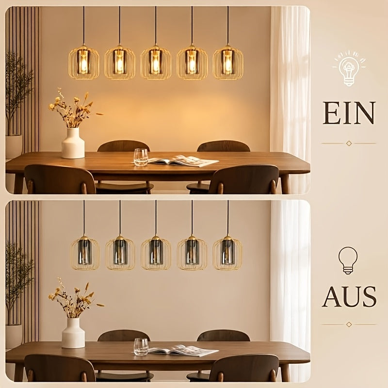 Suspension 5 cages dorées et verre fumé sur rampe de 100 cm, E27
