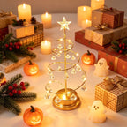 Lampe sapin de Noël spirale dorée à pampilles et étoile LED, 31 cm