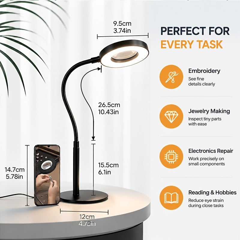 Lampe de bureau LED à loupe x5 et col de cygne, 3 teintes USB