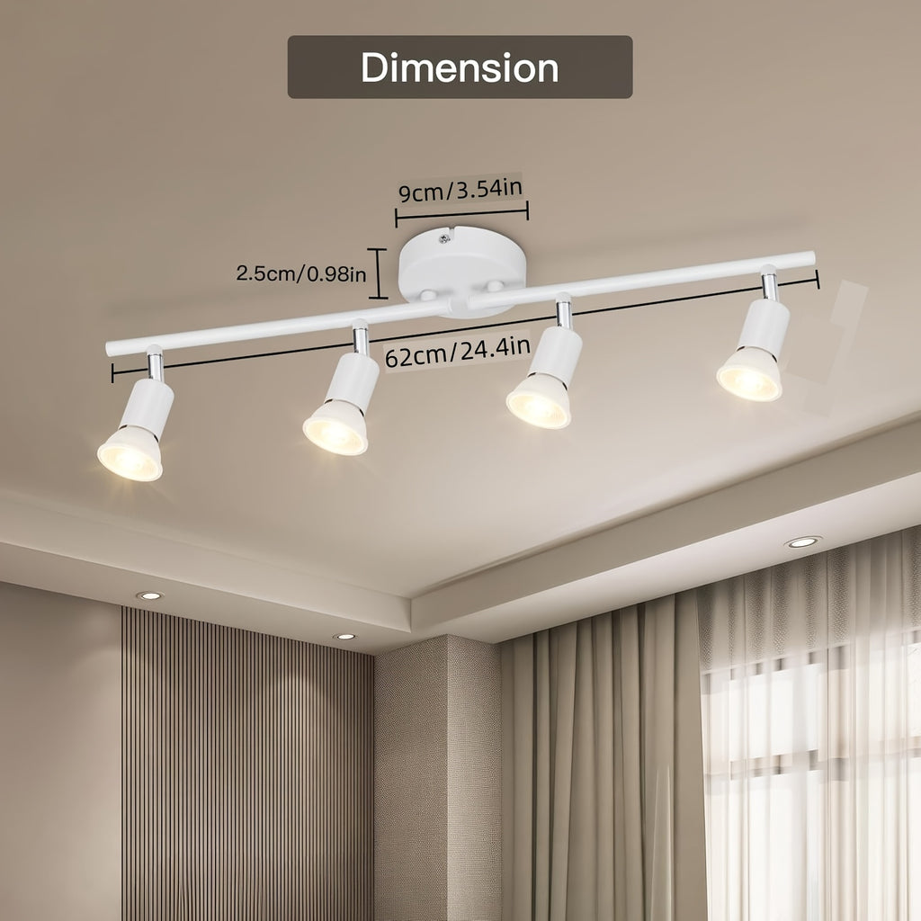 Spot de plafond blanc 4 têtes orientables sur barre de 62 cm, GU10