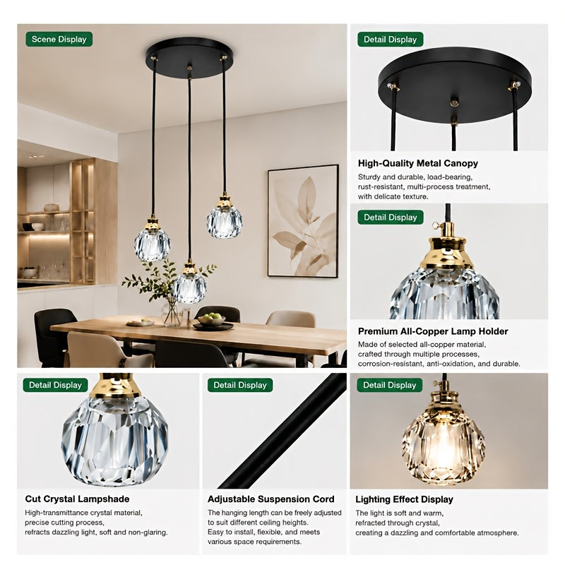 Suspension 3 globes en cristal taillé sur platine noire, câbles 110 cm