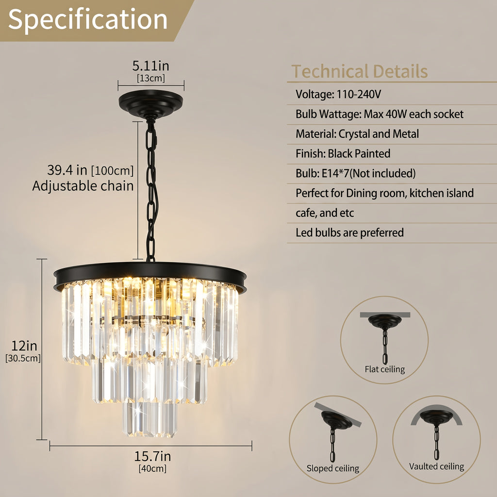 Lustre en cristal à couronne noire, Ø 40 cm, 7 douilles E14