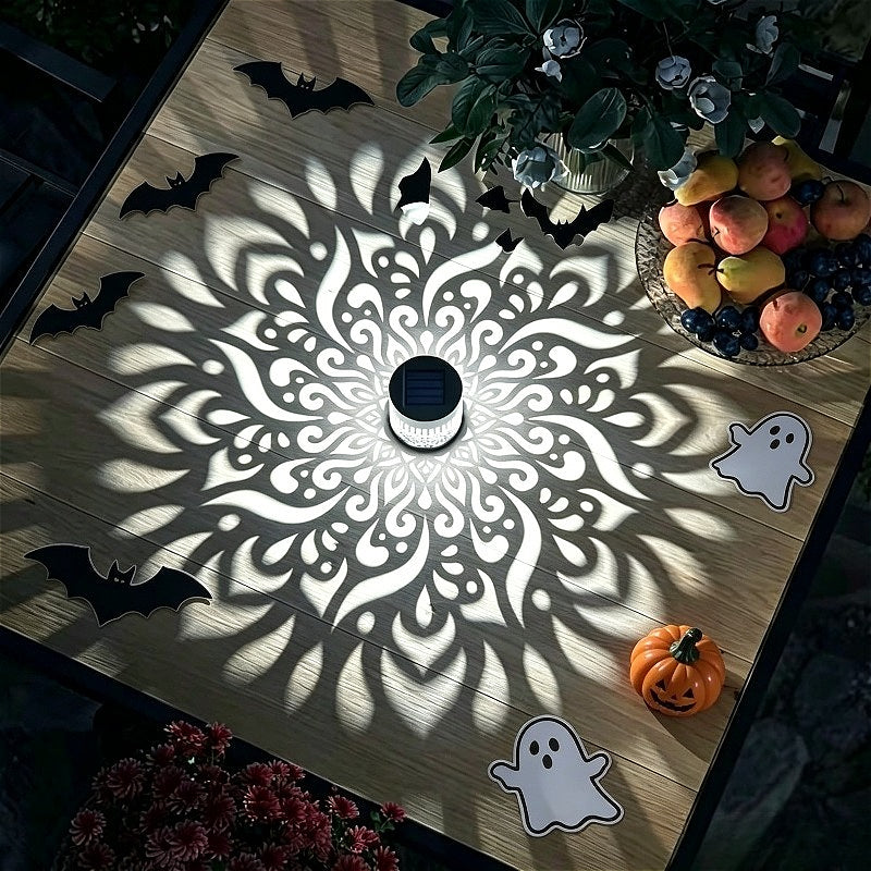 Lampe solaire à projection mandala en métal noir, IP65, 8,5 cm