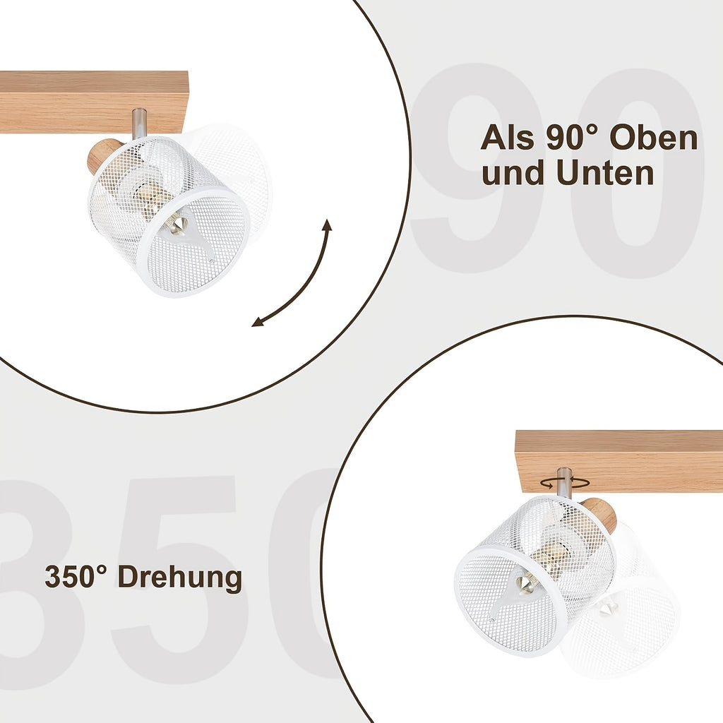 Plafonnier barre effet bois à 3 ou 4 spots grillagés blancs, E14