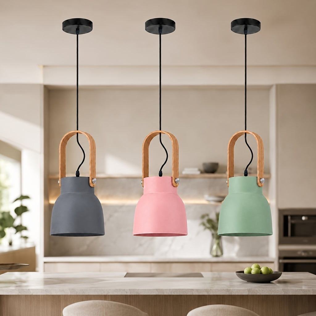 Suspension cloche vert sauge, gris ou rose, anse effet bois