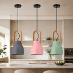 Suspension cloche vert sauge, gris ou rose, anse effet bois
