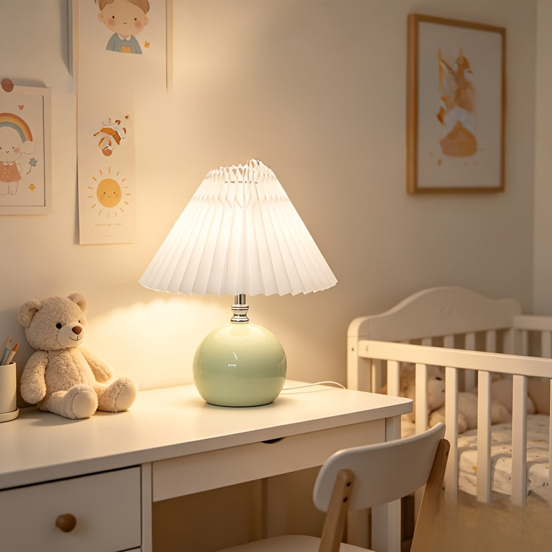Lampe de chevet boule vert pâle, abat-jour plissé blanc, USB