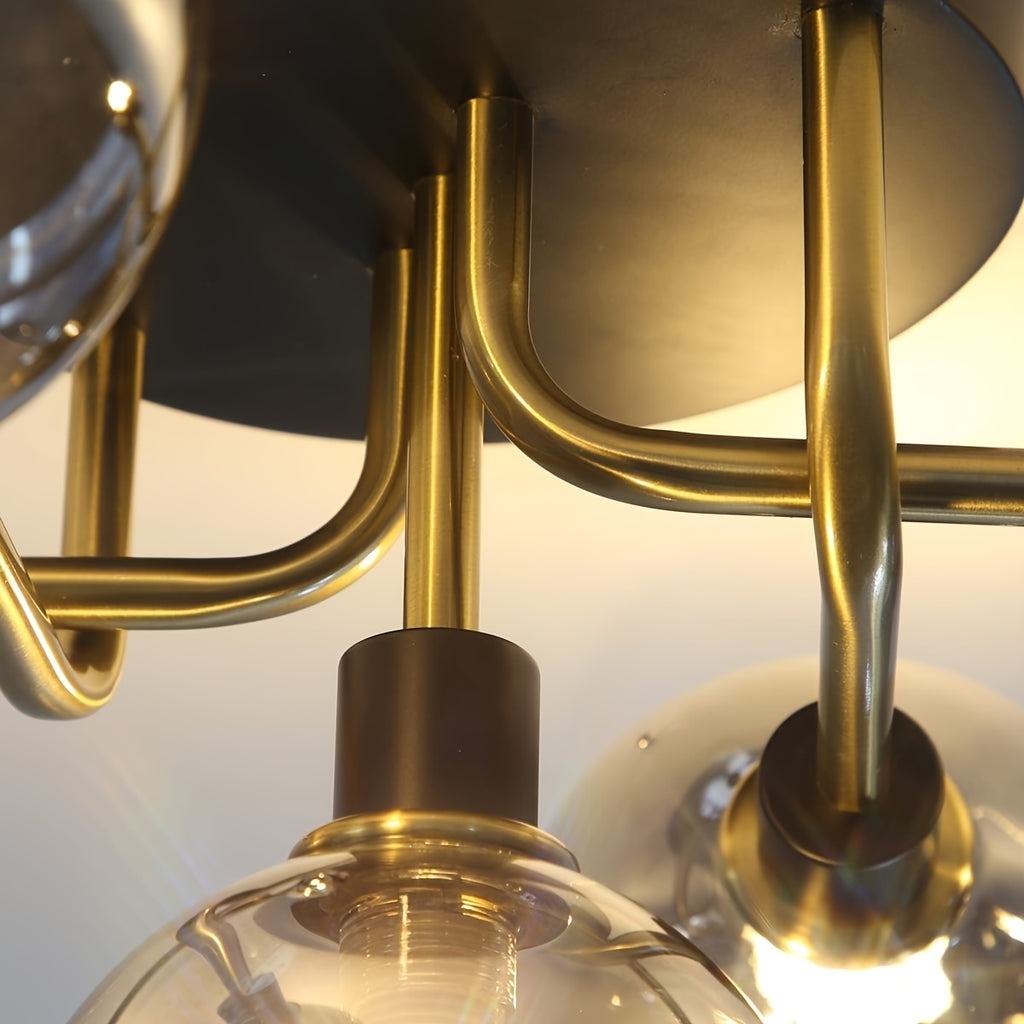 Plafonnier 5 globes en verre fumé ou ambré, monture noir et doré