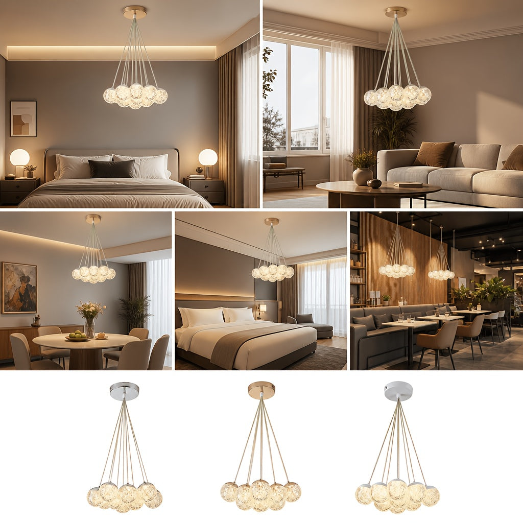 Lustre grappe de globes acryliques LED, doré ou blanc, trois teintes